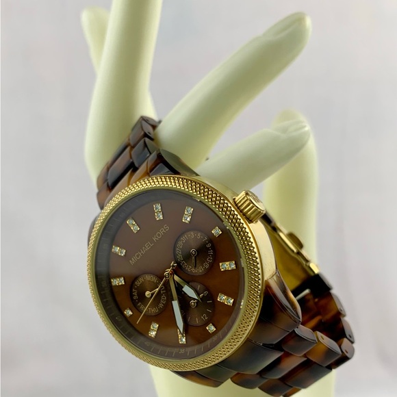 MICHAEL KORS JET SET CHRONOGRAPH GOLD PLATED CASE SWAROVSKI CRYSTALS STAINLESS - Picture 6 of 11